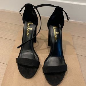Lulu’s Taylor Black Suede Ankle Strap Heels. Size: 8